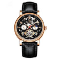 Men's black dial tourbillon mechanical watch with luminous hands on a leather strap
