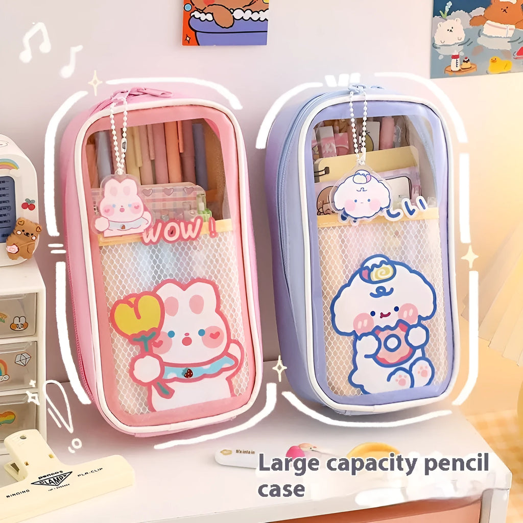 Transparent PVC pencil case with colourful cartoon character design