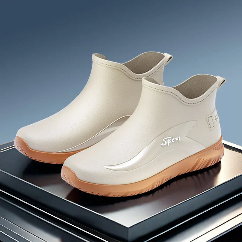 Men's short PVC rubber boots in beige, black and black-red colours with non-slip soles and flat heel