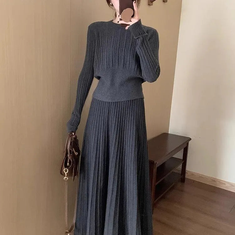 Ethnic style knitted dress suit set with 3D pattern, sweater and skirt in dark grey