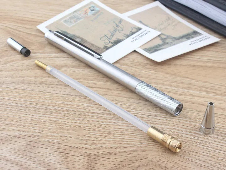 Metal automatic mechanical pencil showing multi-size lead compatibility for 0.5mm, 0.7mm, 0.9mm, 1.3mm and 2.0mm diameters