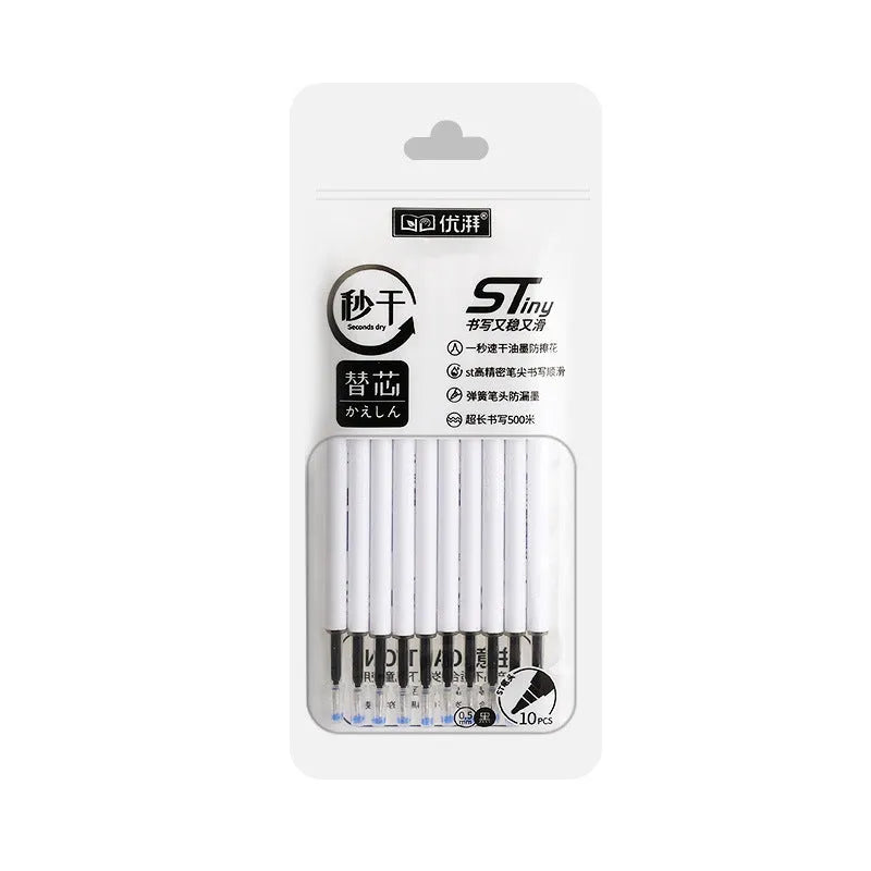 Quick-drying ballpoint pen refill in black, blue, red and ink blue colours, 10-bag pack