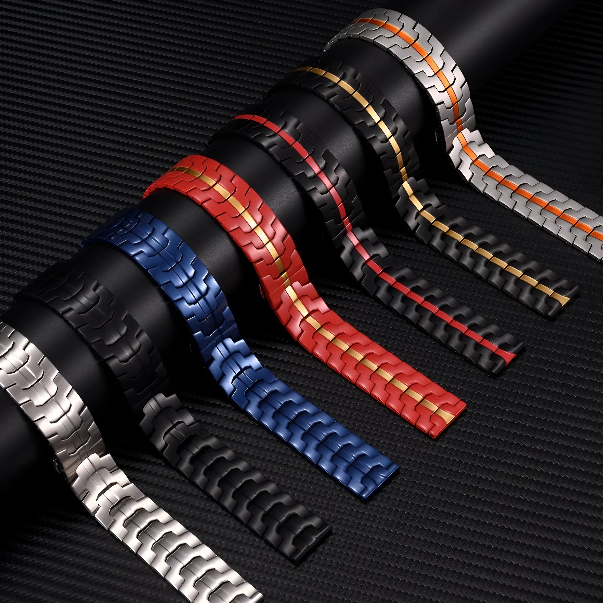 Stainless steel watch band for Samsung Galaxy Watch in silver, black, titanium, blue and coloured options.