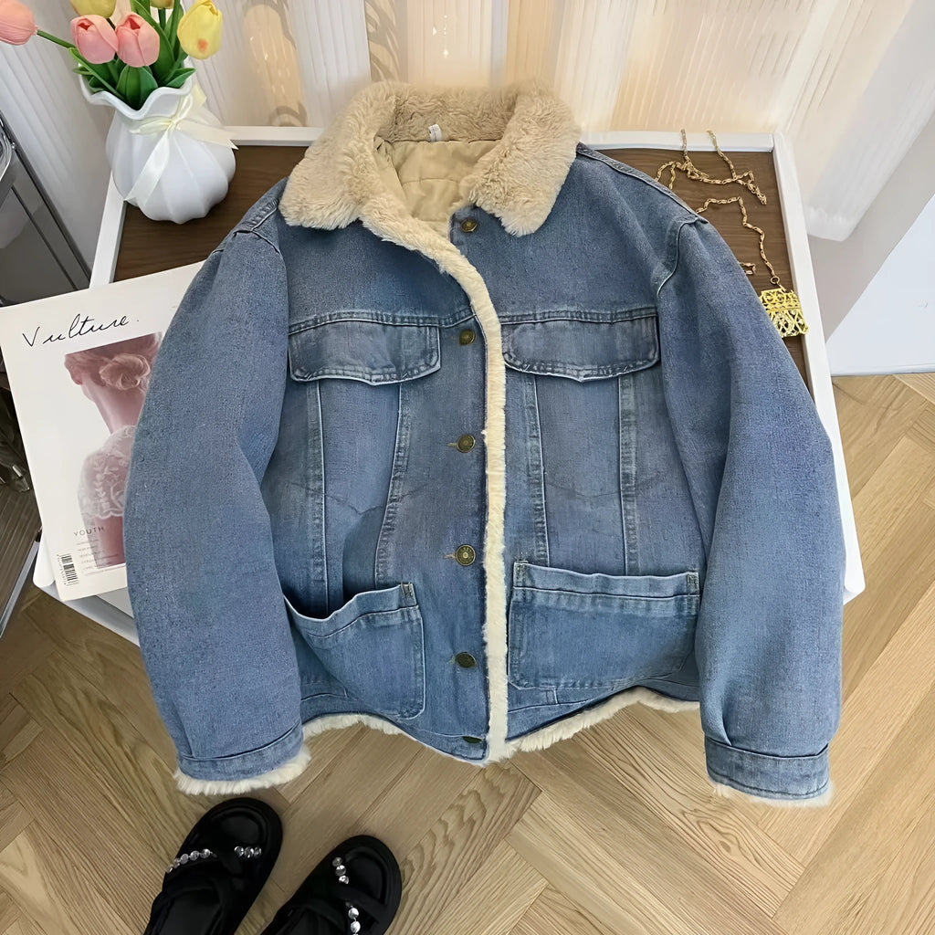 Blue premium faux lamb wool denim jacket for men with cotton denim outer and long sleeves