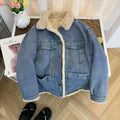 Blue premium faux lamb wool denim jacket for men with cotton denim outer and long sleeves