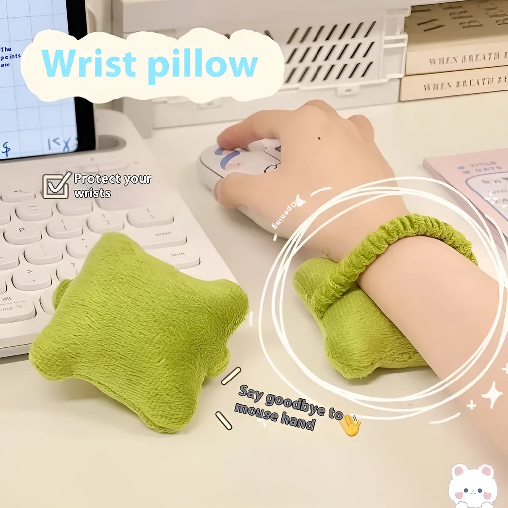 Polyester plush mouse pad wrist protector in blue, green, and pink colour options