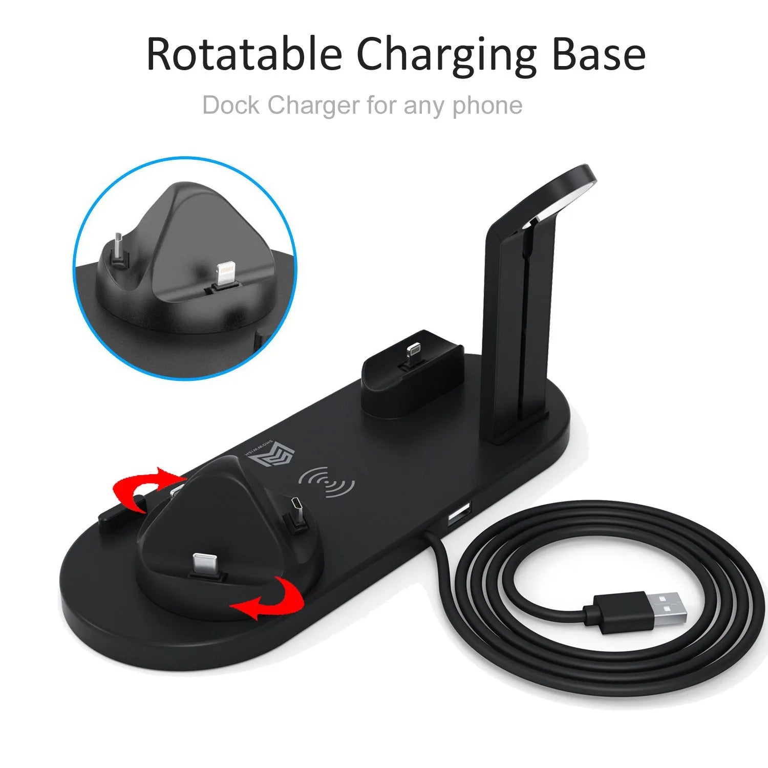 Six-in-one vertical wireless phone charging bracket on a desk in black colour with USB cable