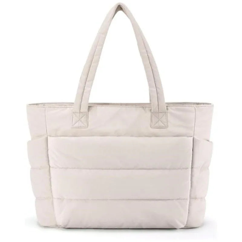 Nylon women's shoulder bag horizontal square laptop bag 40x16x30cm in beige with contrast colour fresh sweet style