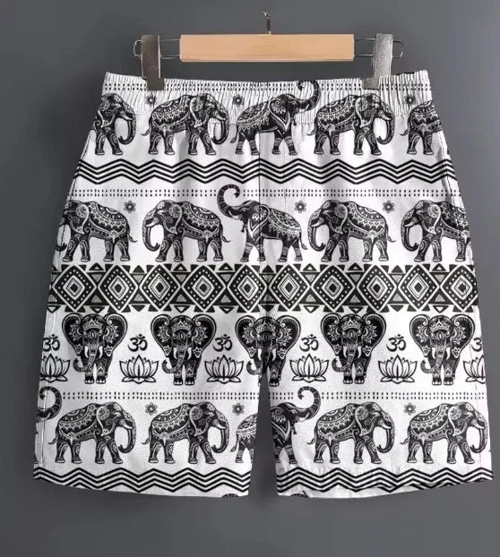 Men's polyester casual sports shorts in multiple patterns including stripes and camouflage