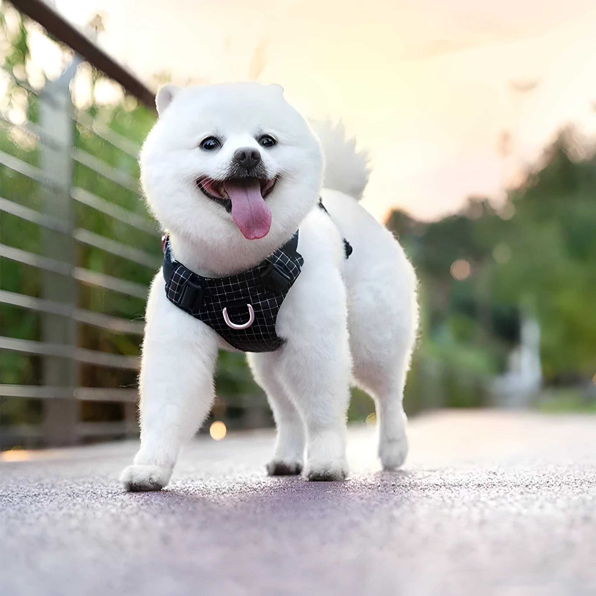 A light purple adjustable nylon dog harness with an LED light on the chest strap.