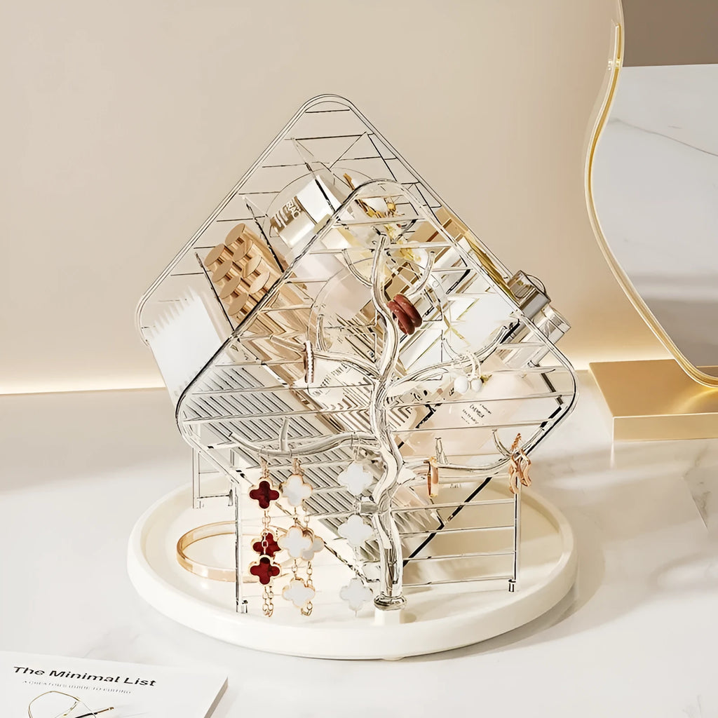 Rotating cosmetics storage box in clear plastic with 360° rotation mechanism on a bathroom counter