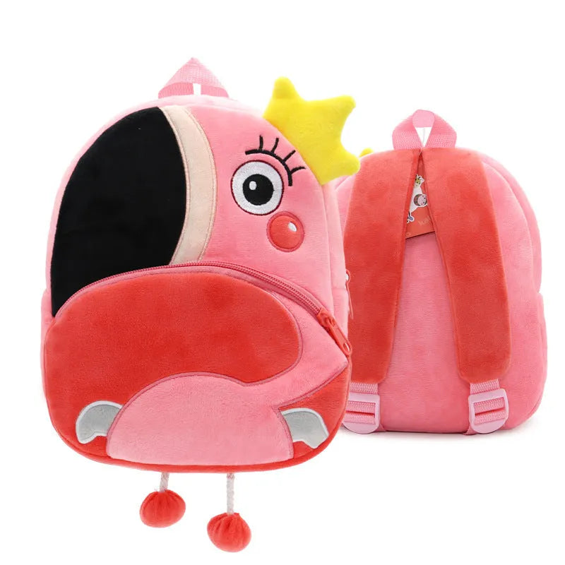 Children's plush animal backpack with zipper opening showing elephant design and dimensions 26x24x10cm