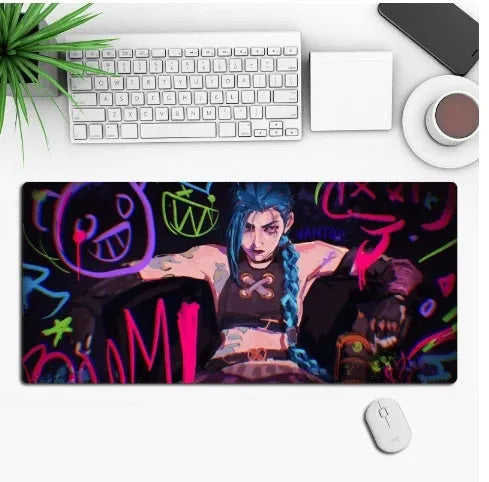 Large custom anime print gaming mouse pad on a desk with keyboard and mouse.