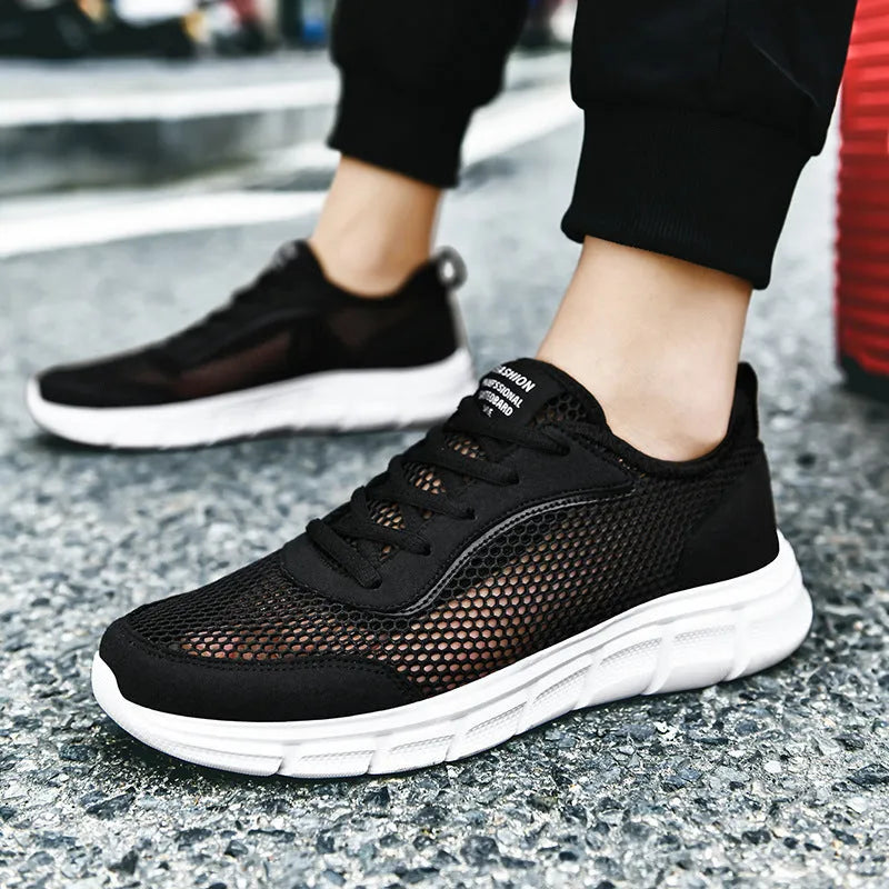Men's breathable mesh lace-up summer sports shoes in black, blue, and grey, sizes 37-48