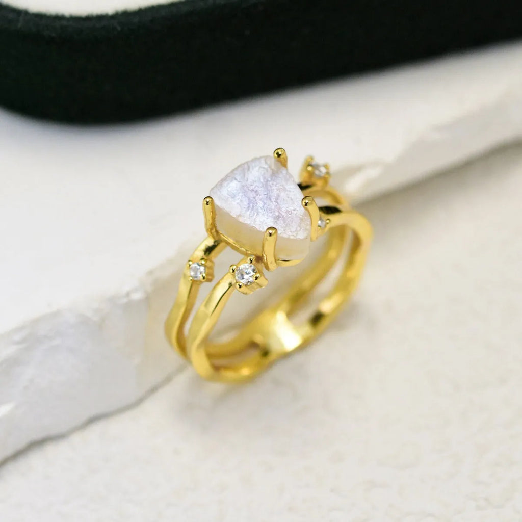 S925 sterling silver geometric triangle moonstone ring showing rose gold, white gold and yellow gold electroplated finish options.