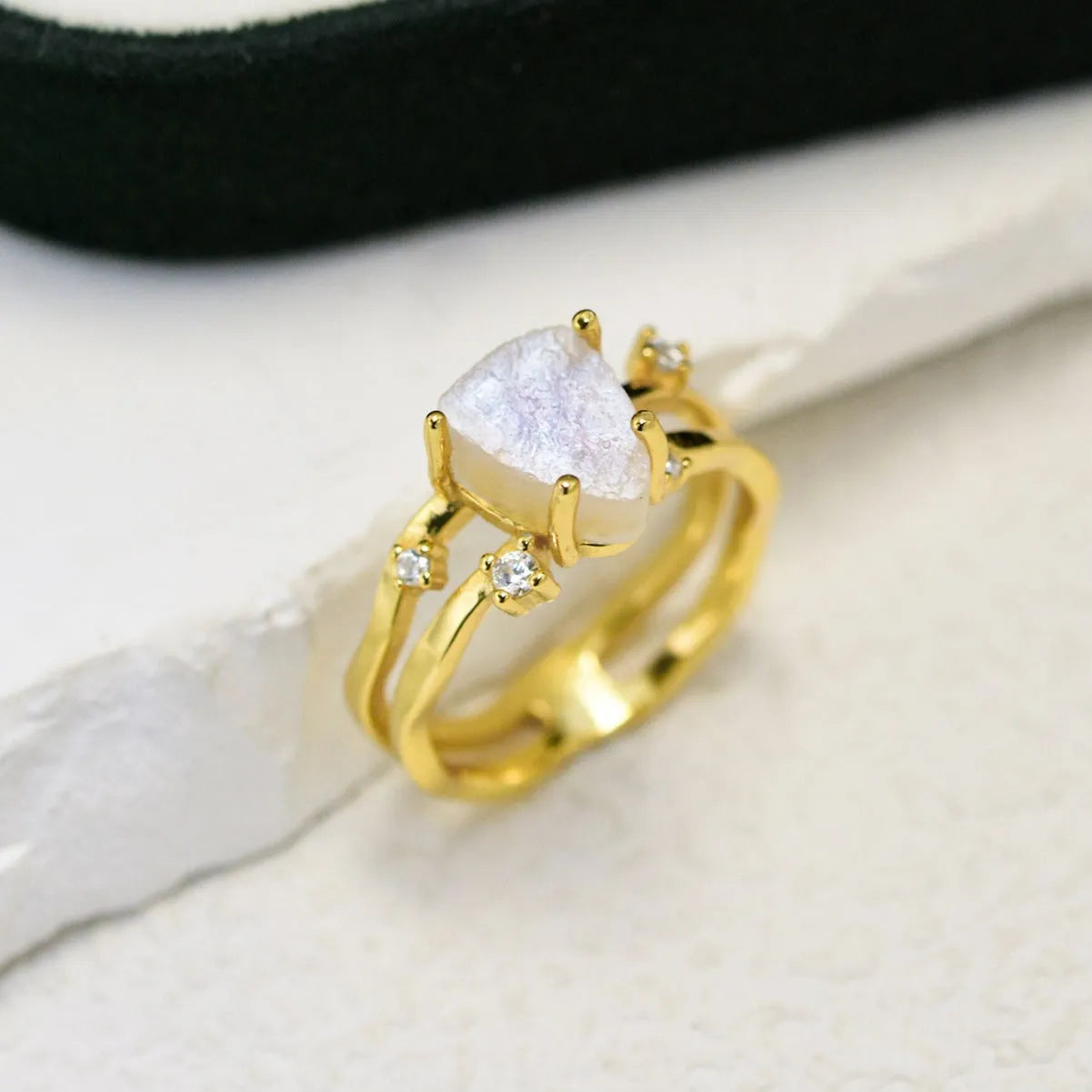 S925 sterling silver geometric triangle moonstone ring showing rose gold, white gold and yellow gold electroplated finish options.