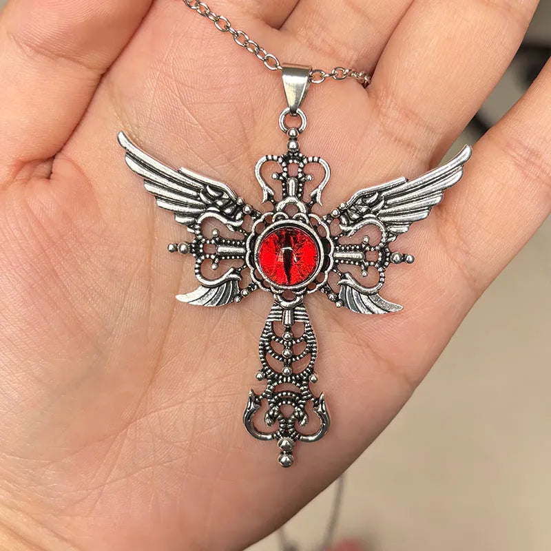 Creative devil wings cross necklace with geometric pendant in alloy metal showing colour options