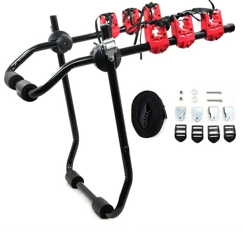 Black and red trunk-mounted car bike rack showing rope or pull belt attachment options.