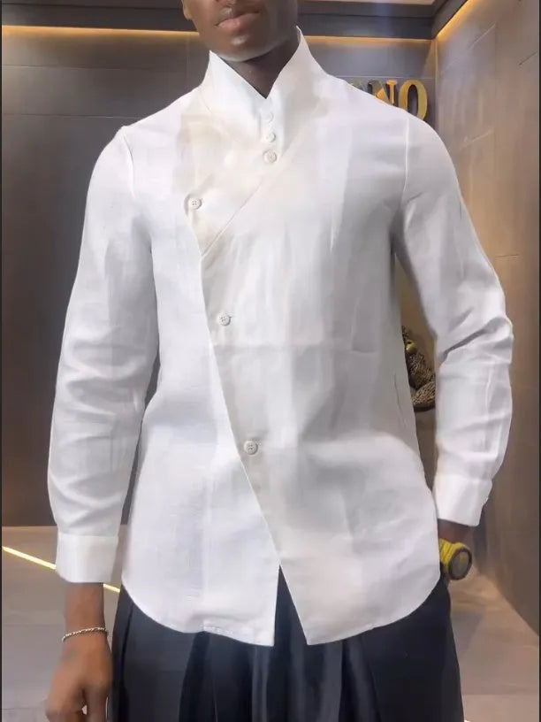 White asymmetrical front long sleeve shirt paired with black pleated trousers in a women's two-piece set.