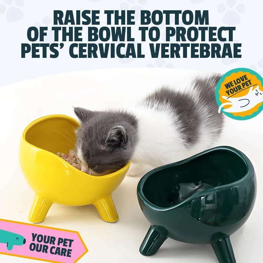 Green four-legged ceramic pet bowl for cats and small dogs on floor