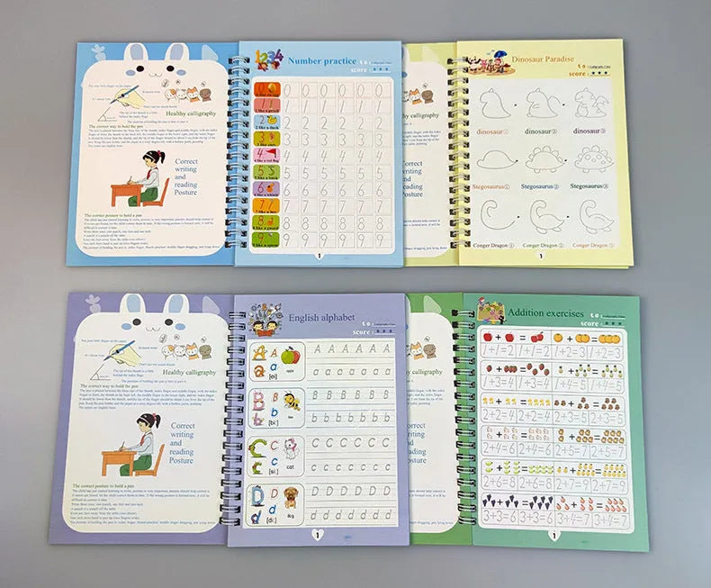 Four magic stylus clean writing practice books with slot design in white, grey and black colours