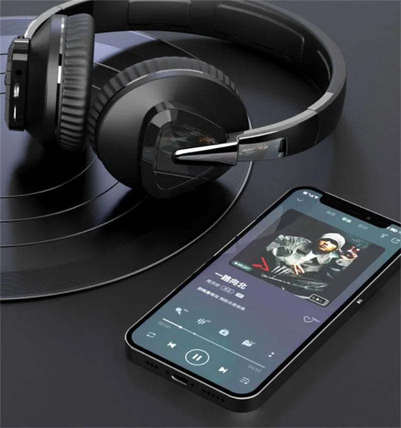 Wireless Bluetooth headset in black colour showing ear cushions with AUX audio jack and control buttons