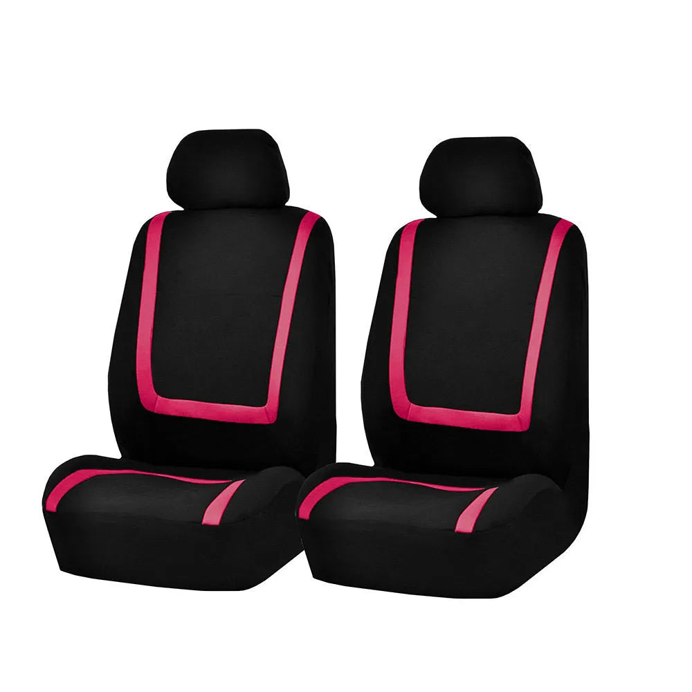 Universal four seasons car seat cover set in beige and black fabric installed on car seats.