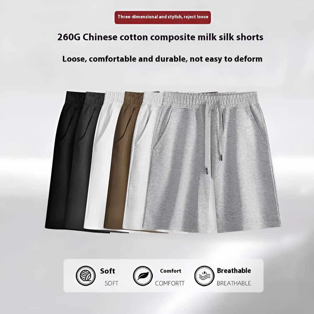 Men's and women's straight-leg cotton sports shorts in fifth length on a neutral background