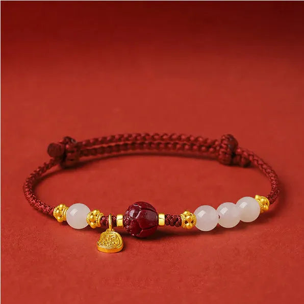 925 silver women's bracelet with Hetian jade, cinnabar red rope and adjustable chain