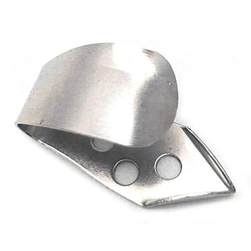 Four silver metal guitar finger stall plectrums laid flat on a surface