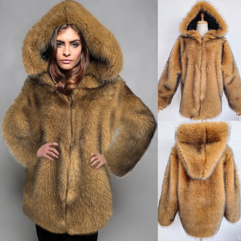 Women's loose artificial fur coat in silver grey colour with medium 65cm length