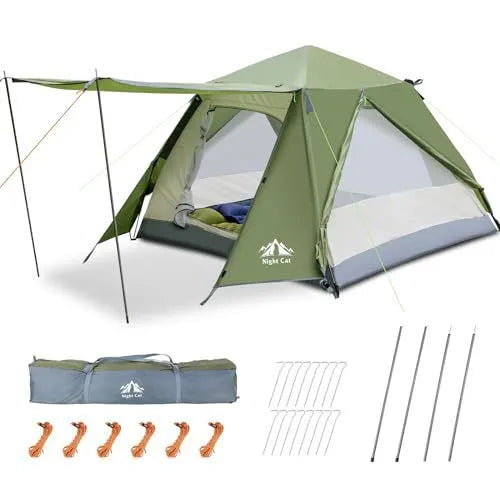 Dark green automatic pop-up camping tent for two people showing dimensions and waterproof features