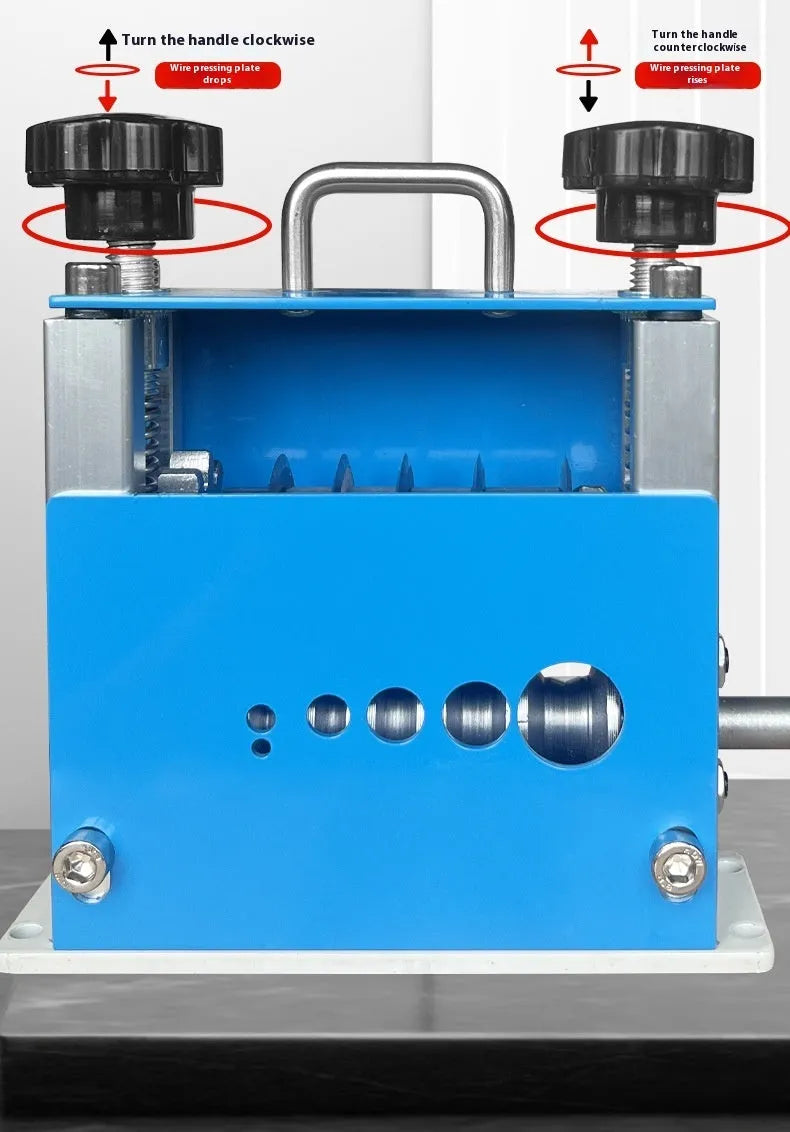 SD-017 manual wire stripping machine tool on a workbench next to electrical cables.