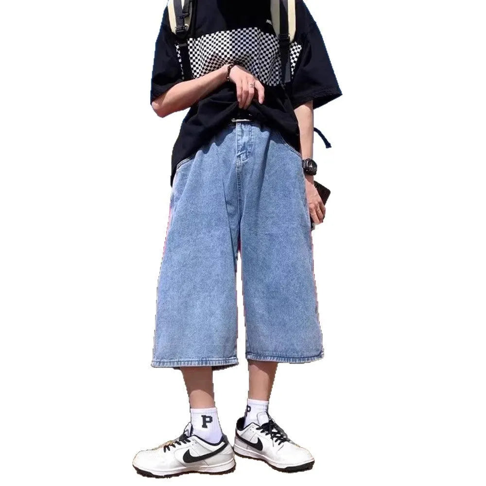 Blue washed denim pirate shorts for men with high waist and cropped straight leg