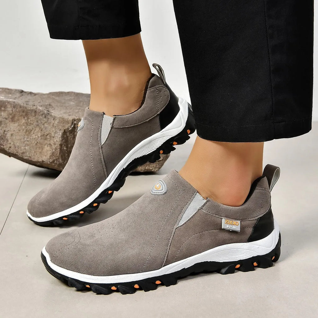 Men's round head thin slip-on casual shoes in grey, shown with PU upper and rubber sole.