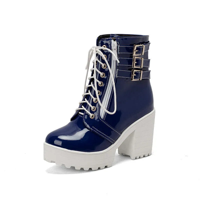 Women's black PU leather lace-up ankle boots with a thick 6-8cm heel and round toe on a white background