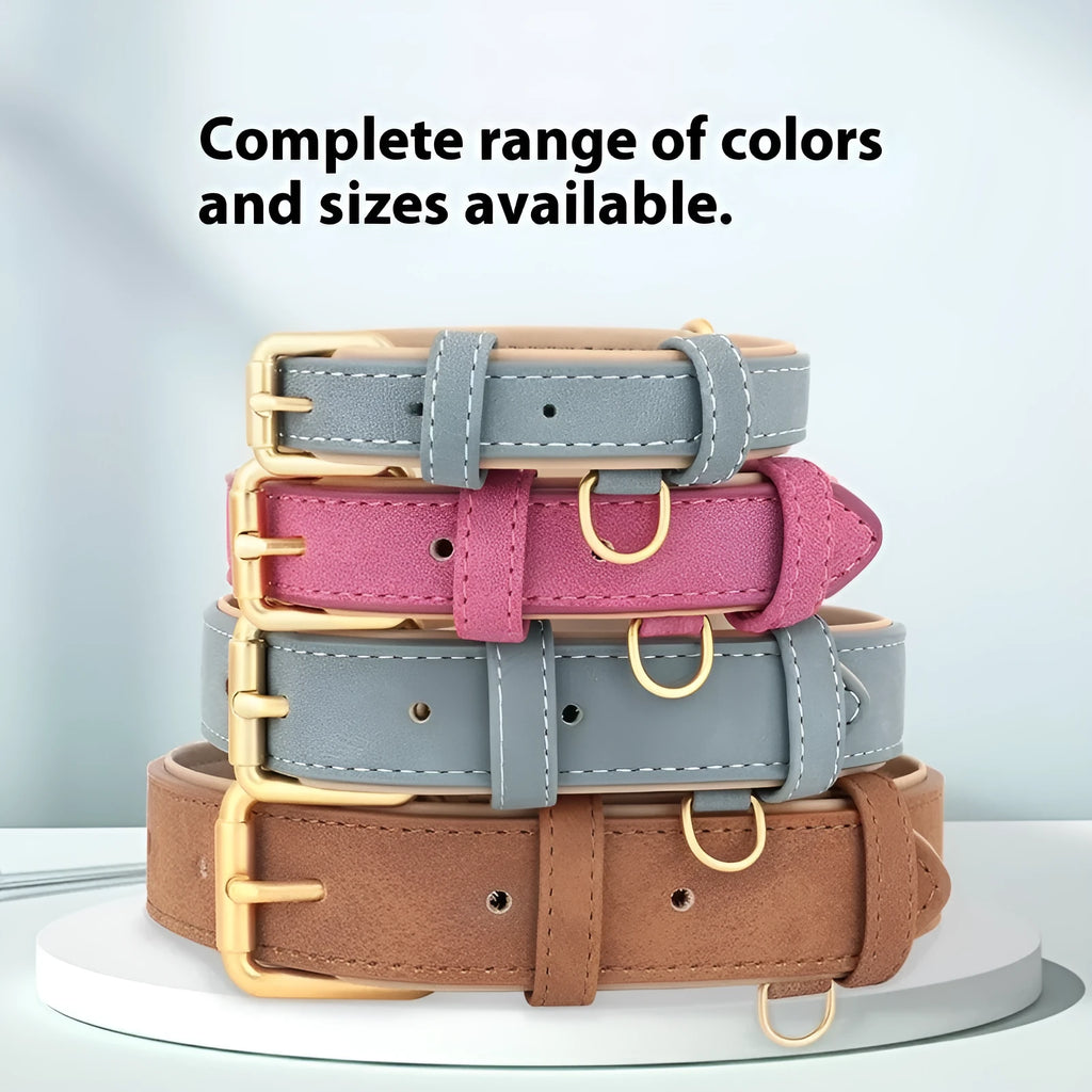 Double-layer mohair dog collar and matching lead set in rose red, shown with size options for small to extra-large dogs.