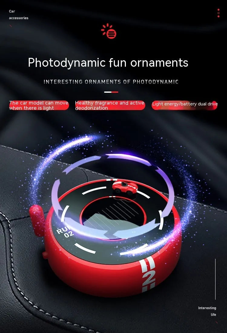 Solar-powered round car air freshener decorative device in black, red or white colour