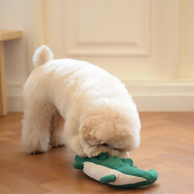 Green plush dog toy measuring 35cm long with soft fabric construction