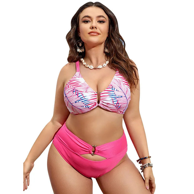 Pink floral plus size women's bikini with adjustable straps in various XL sizes