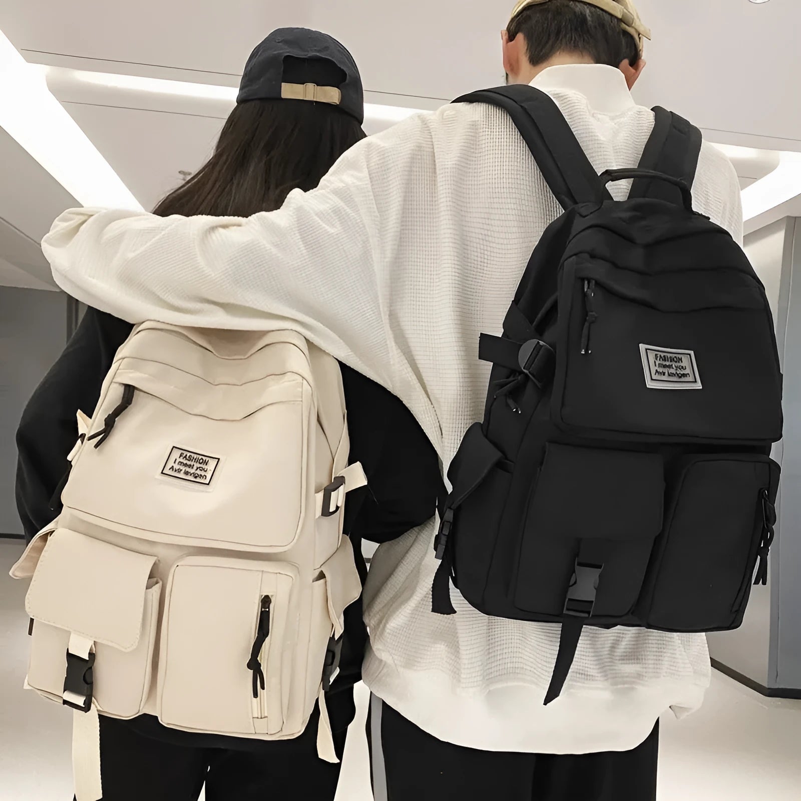 Black nylon student backpack with laptop compartment and front pocket
