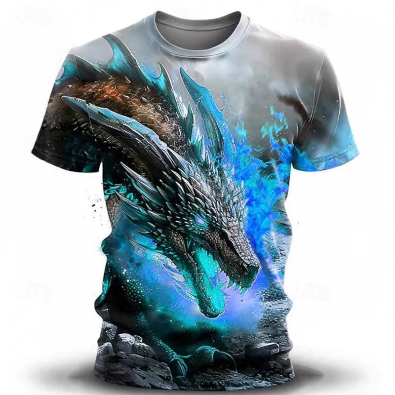 Man wearing a casual short-sleeved T-shirt with a large, detailed 3D wind dragon graphic print on the front.