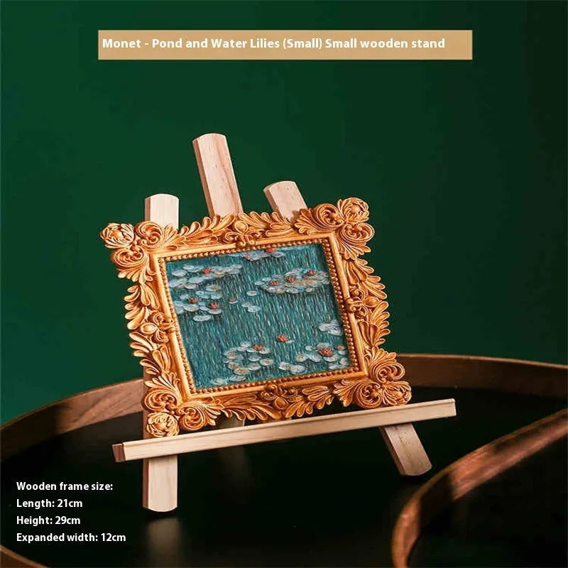 DIY oil painting kit showing Van Gogh's Starry Night reproduction on canvas with acrylic paints and wooden frame