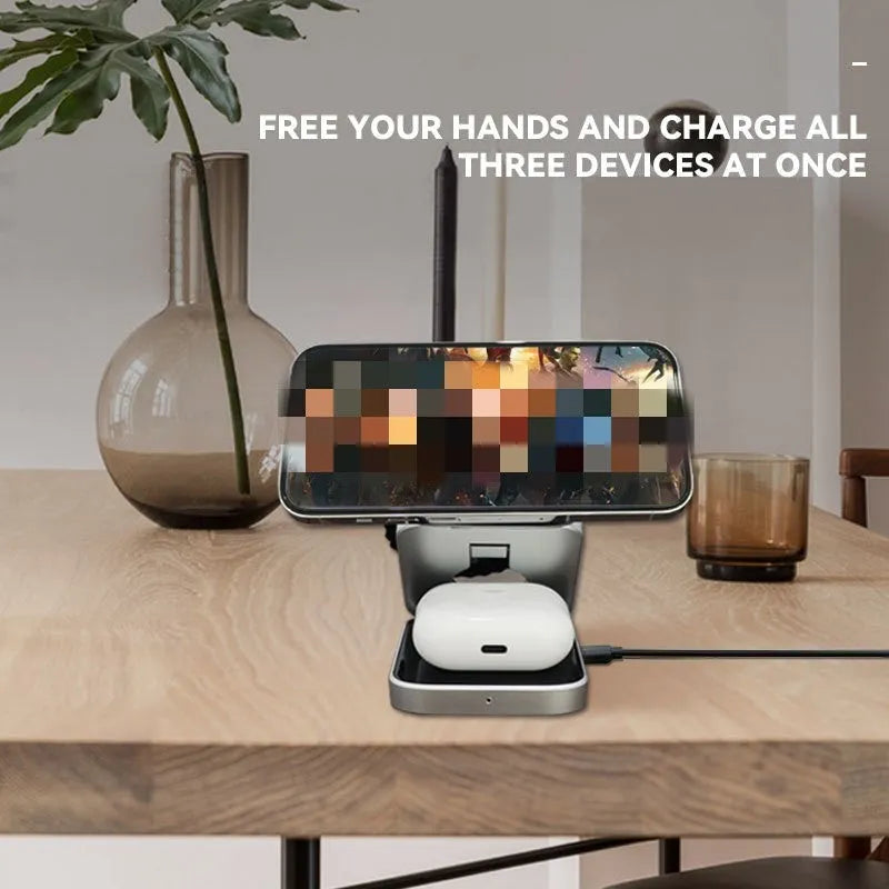 Folding three-in-one wireless charging bracket for Apple Samsung and Google devices with magnetic ring
