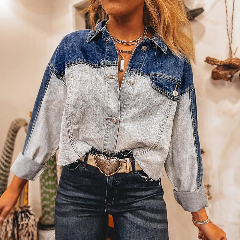 Women's loose fit denim jacket with multiple buckle front fastening in cotton fabric