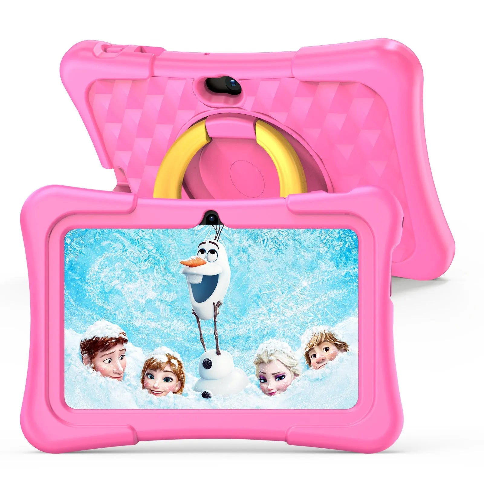 Blue children's 7-inch educational tablet with silicone protective cover and rotating handle bracket