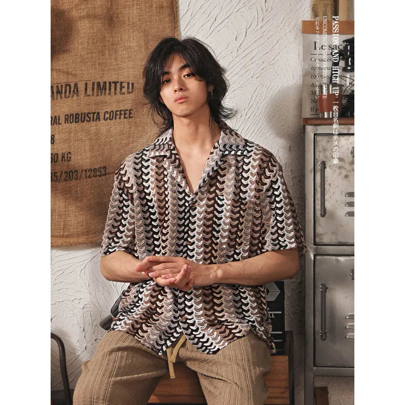 Japanese style men's Cuban collar short sleeve shirt with patterned jacquard fabric in grey colour