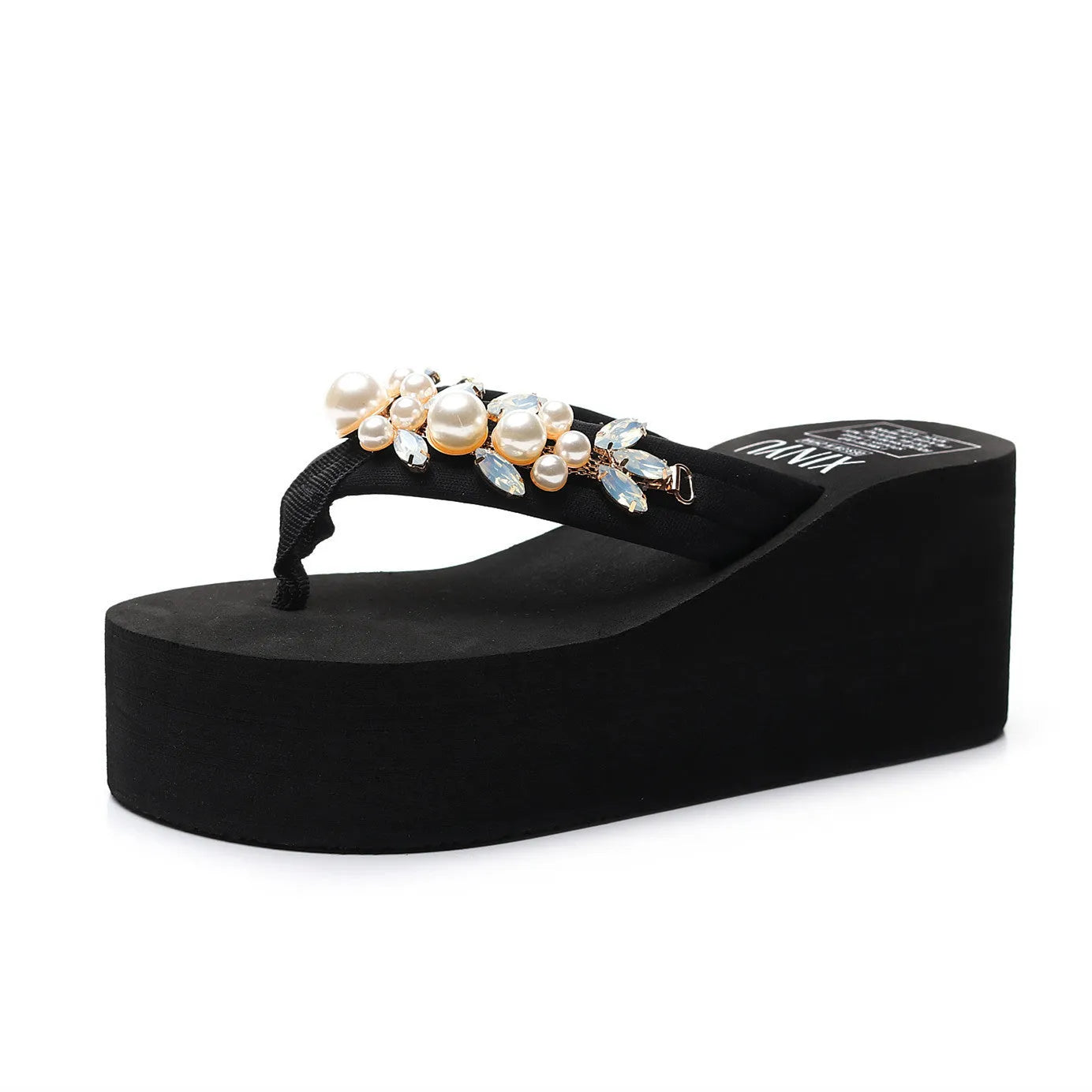 Women's high-heeled flip-flops in beige with cotton cloth upper, showing casual summer sandal design