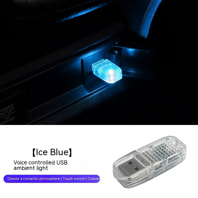 Car USB ambience light with touch switch showing RGB colour-changing and fixed blue, white, pink, and ice blue modes.