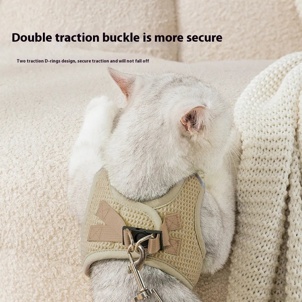 Brown waffle weave cloth pet harness on small dog showing chest strap and hand-held rope